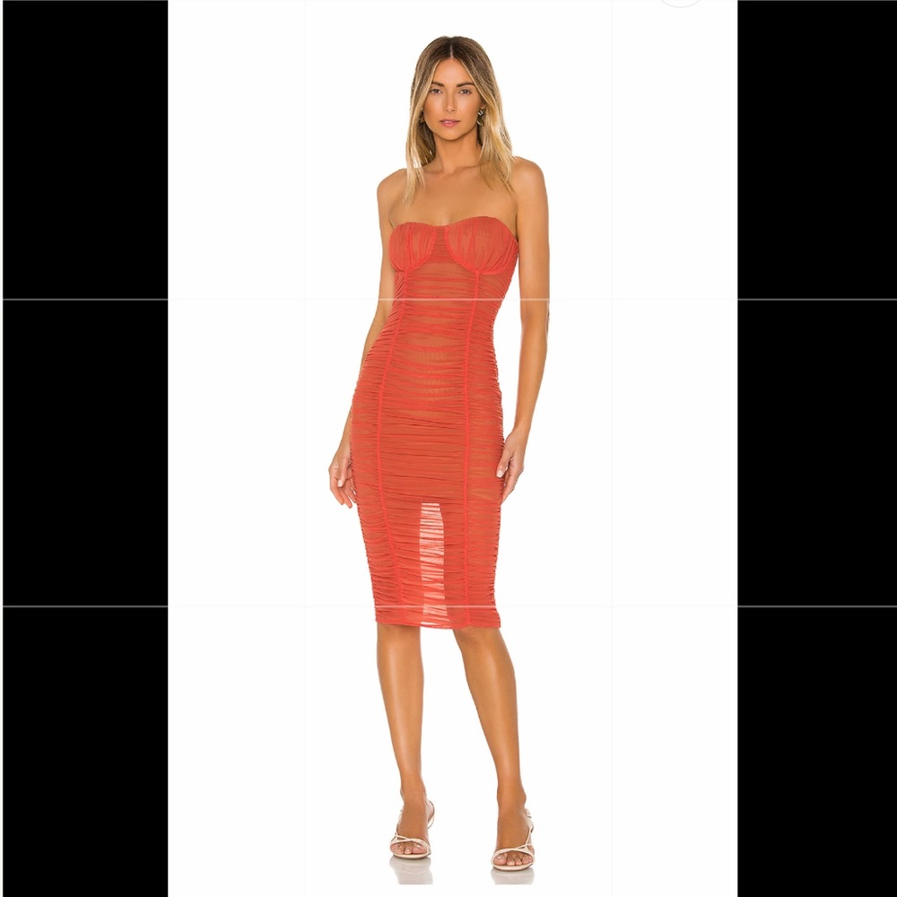 Lovers + Friends Orange Strapless Ruched Midi Dress